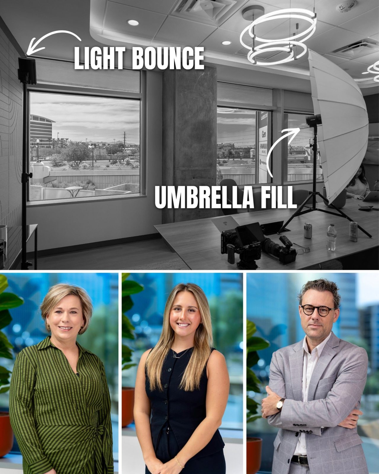 Behind the scenes of an on-location corporate headshot session in a Tempe conference room, showing the bounced light and umbrella fill, with three finished headshots below