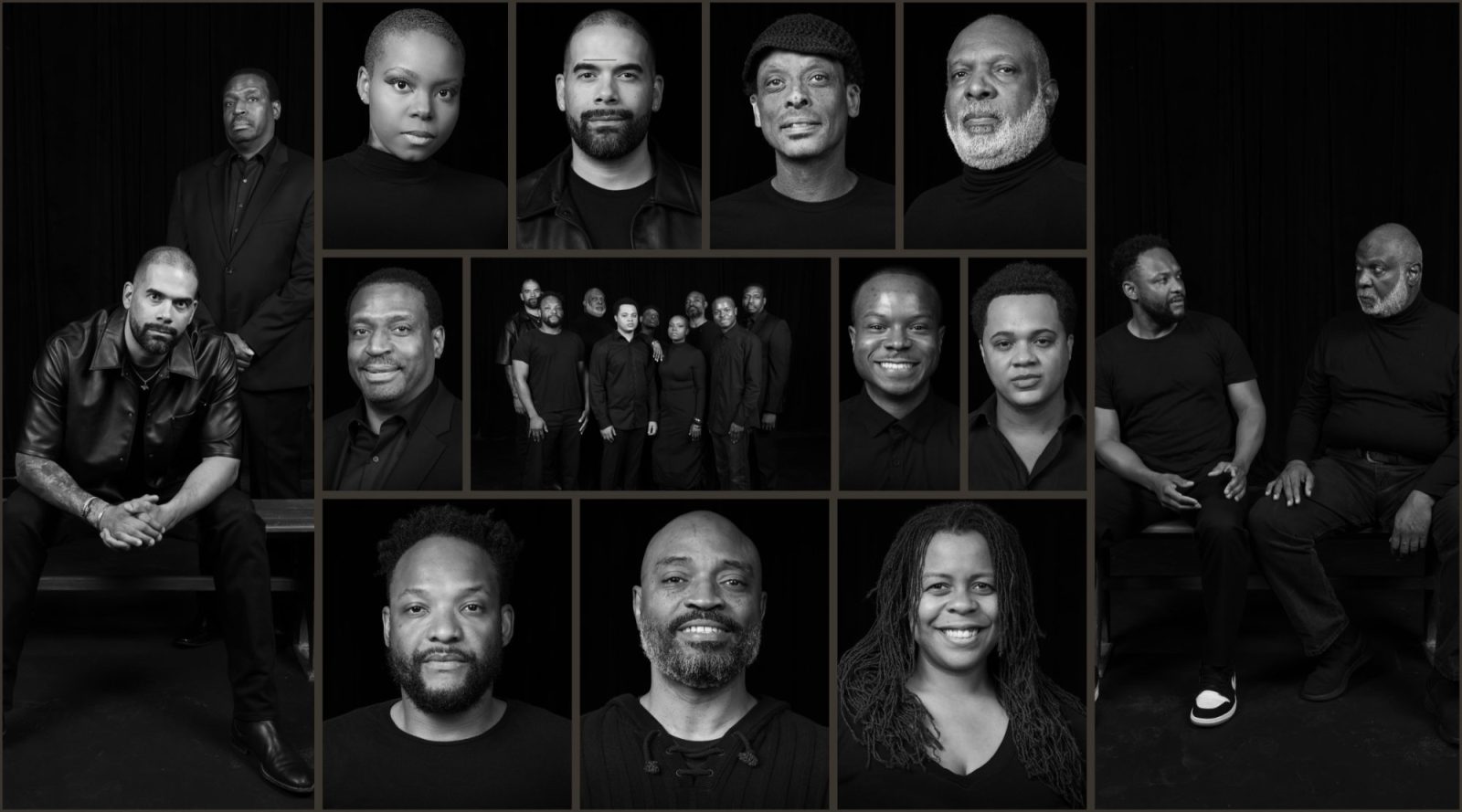 Black and white cast headshots photographed for Black Theatre Troupe in Phoenix, arranged in a grid around a full company group portrait
