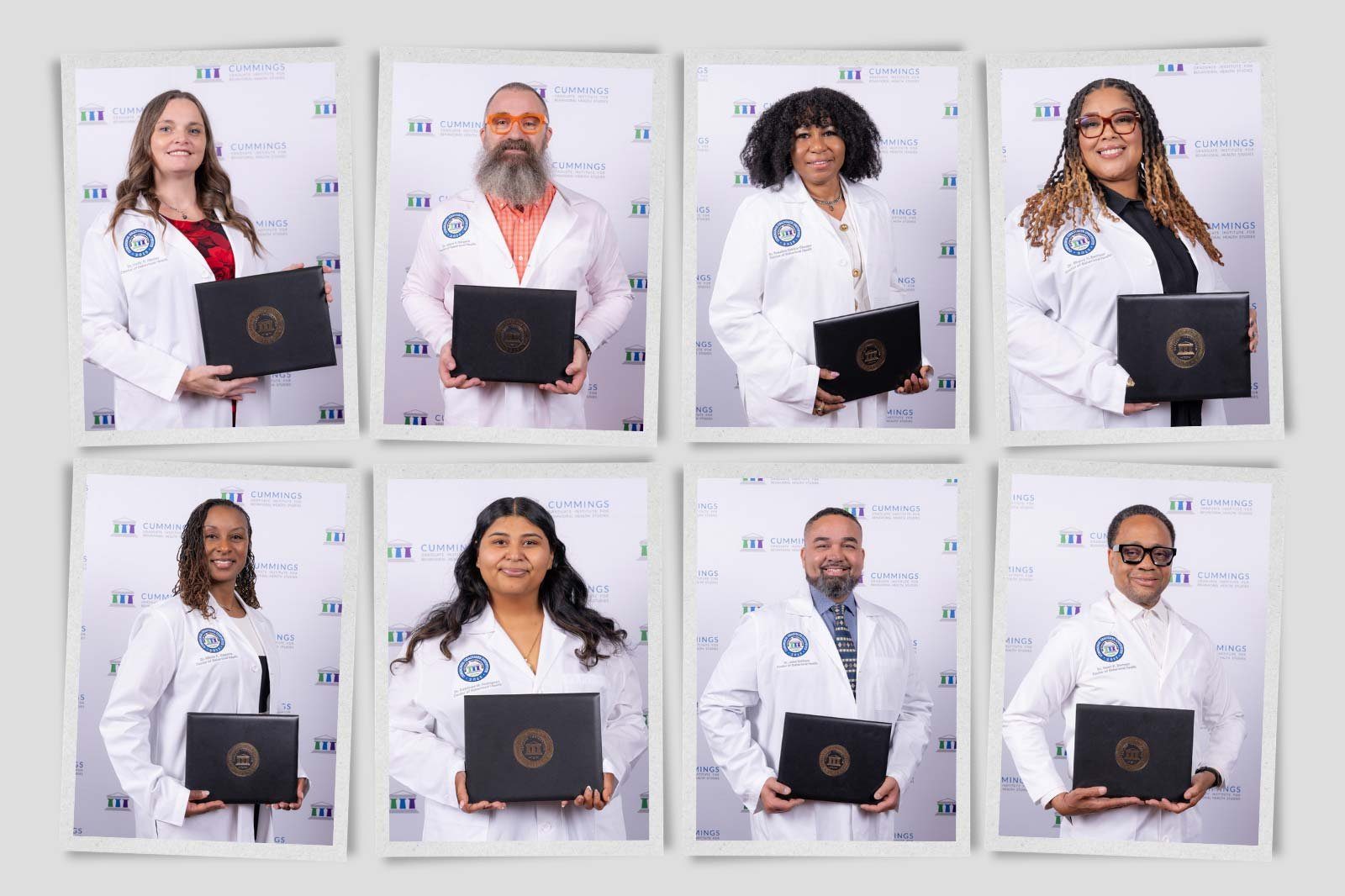 Graduation portraits of Cummings Graduate Institute Doctor of Behavioral Health graduates in white coats holding diplomas, photographed in Tempe, Arizona by Phoenix graduation photographer Timothy Fox