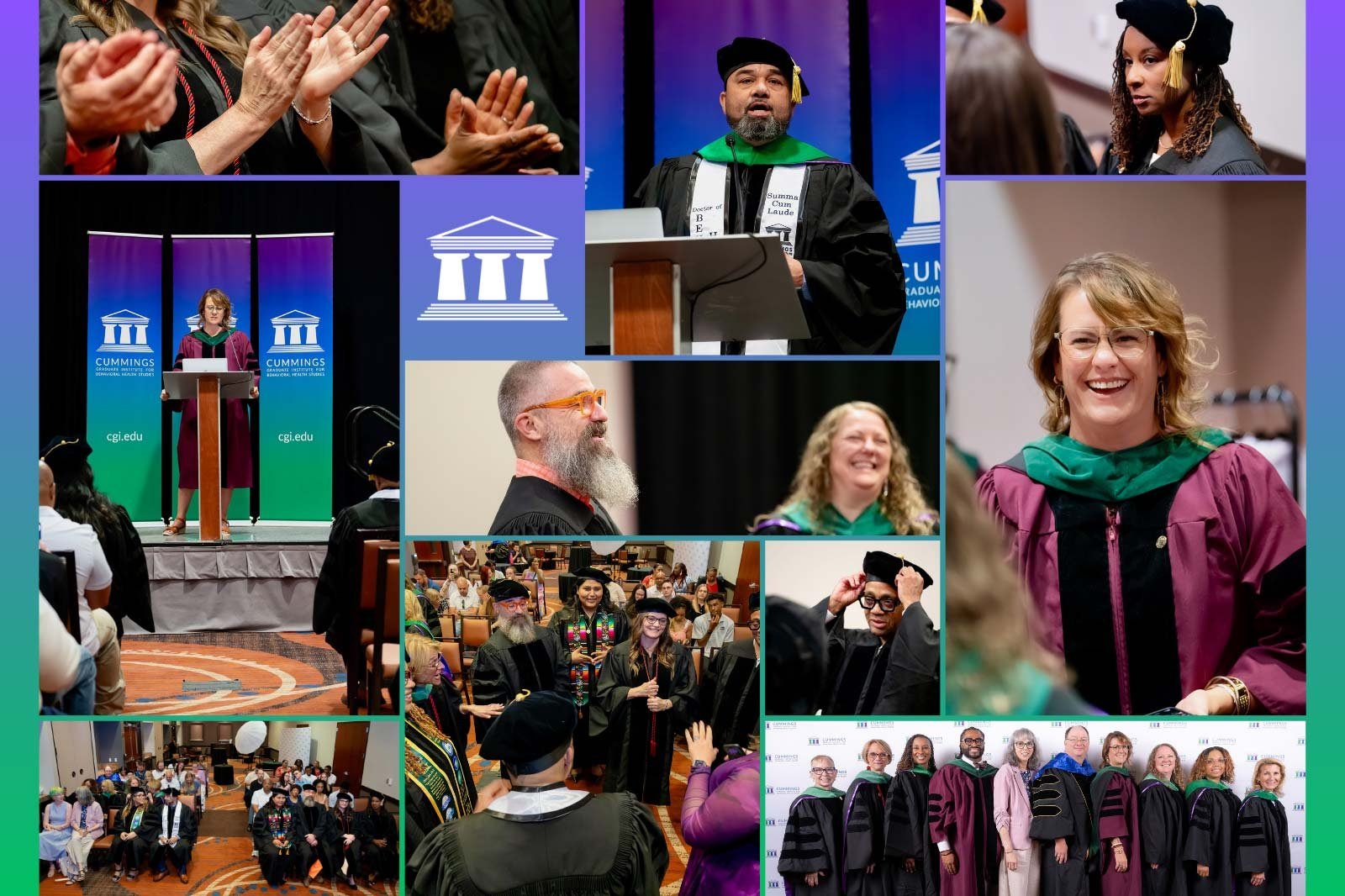 Commencement ceremony photography collage from the Cummings Graduate Institute graduation in Arizona, showing speakers, graduates in regalia, and celebrating families — by Phoenix event photographer Timothy Fox
