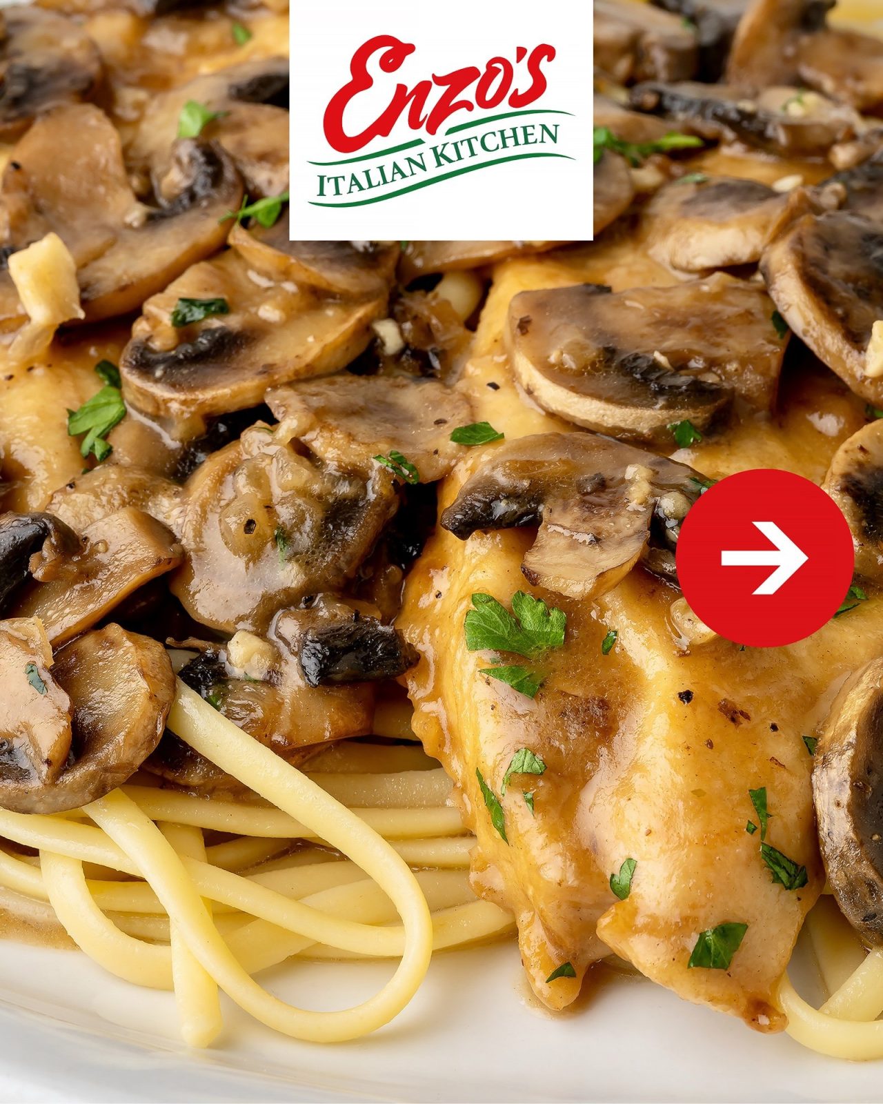 Chicken Marsala with mushrooms and parsley over linguine at Enzo's Italian Kitchen