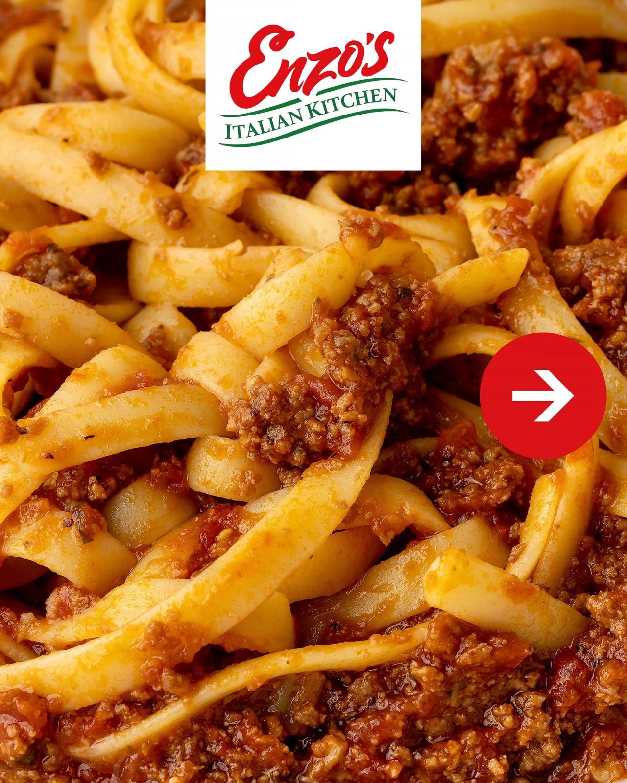 Close-up of pasta in Bolognese meat sauce at Enzo's Italian Kitchen