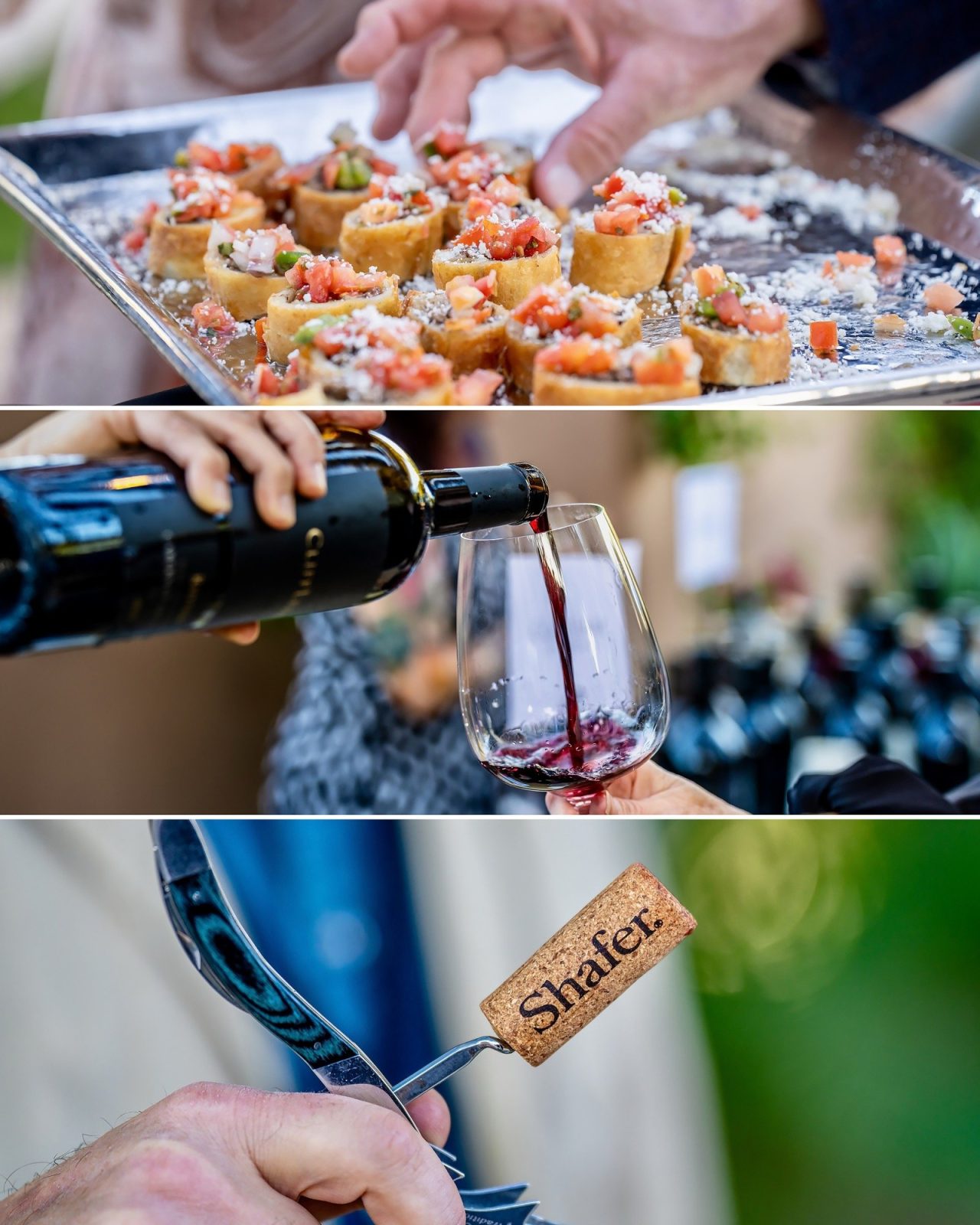 Passed appetizers on a silver tray, a red wine pour and a cork on a corkscrew at a wine tasting event at the Hermosa Inn, Paradise Valley