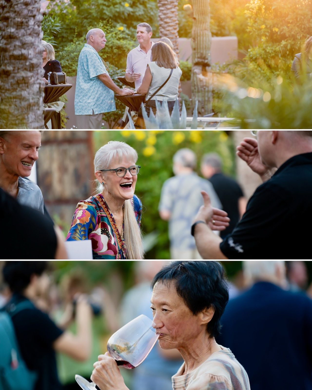 Candid guests talking and tasting Cabernet at golden hour in the Hermosa Inn courtyard