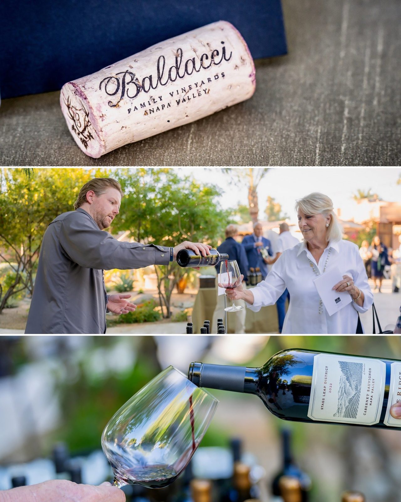 A wine cork, a winemaker pouring for a guest and a Napa Valley Cabernet pour at a wine tasting in Paradise Valley