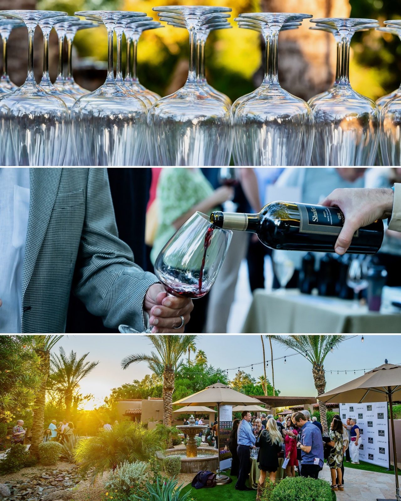 Upturned wine glasses, a Cabernet pour and the Hermosa Inn courtyard at sunset during a wine tasting event