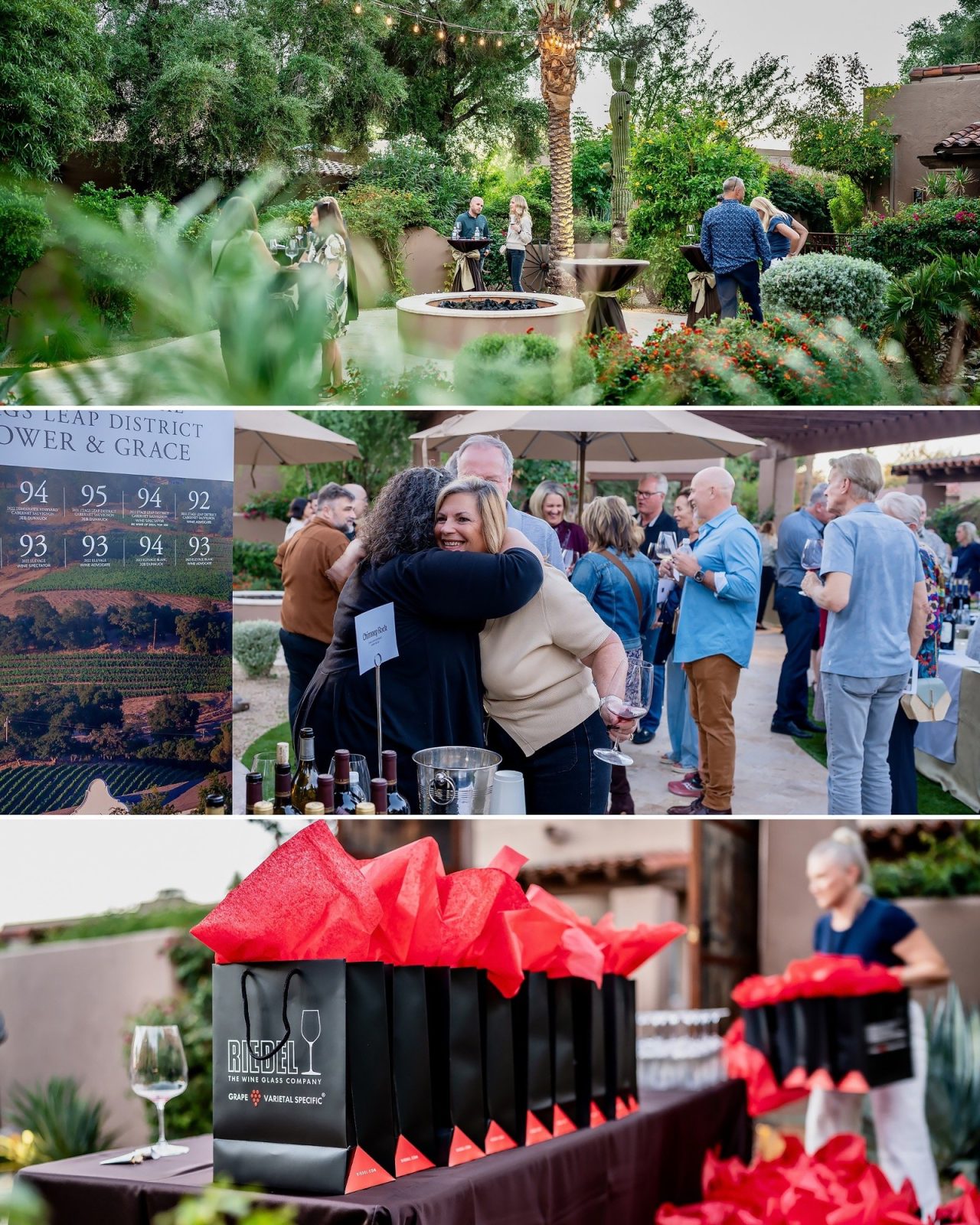 Cocktail tables around the fire pit, guests greeting at a pour table and gift bags lined up in red tissue at the Hermosa Inn