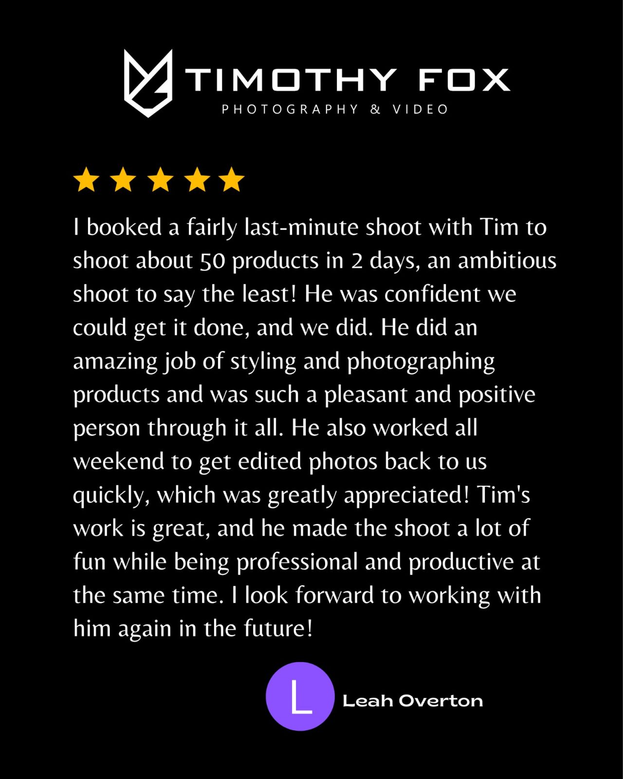 Five-star client testimonial for Timothy Fox Photography praising a 50-product, 2-day product photography shoot in Phoenix, Arizona