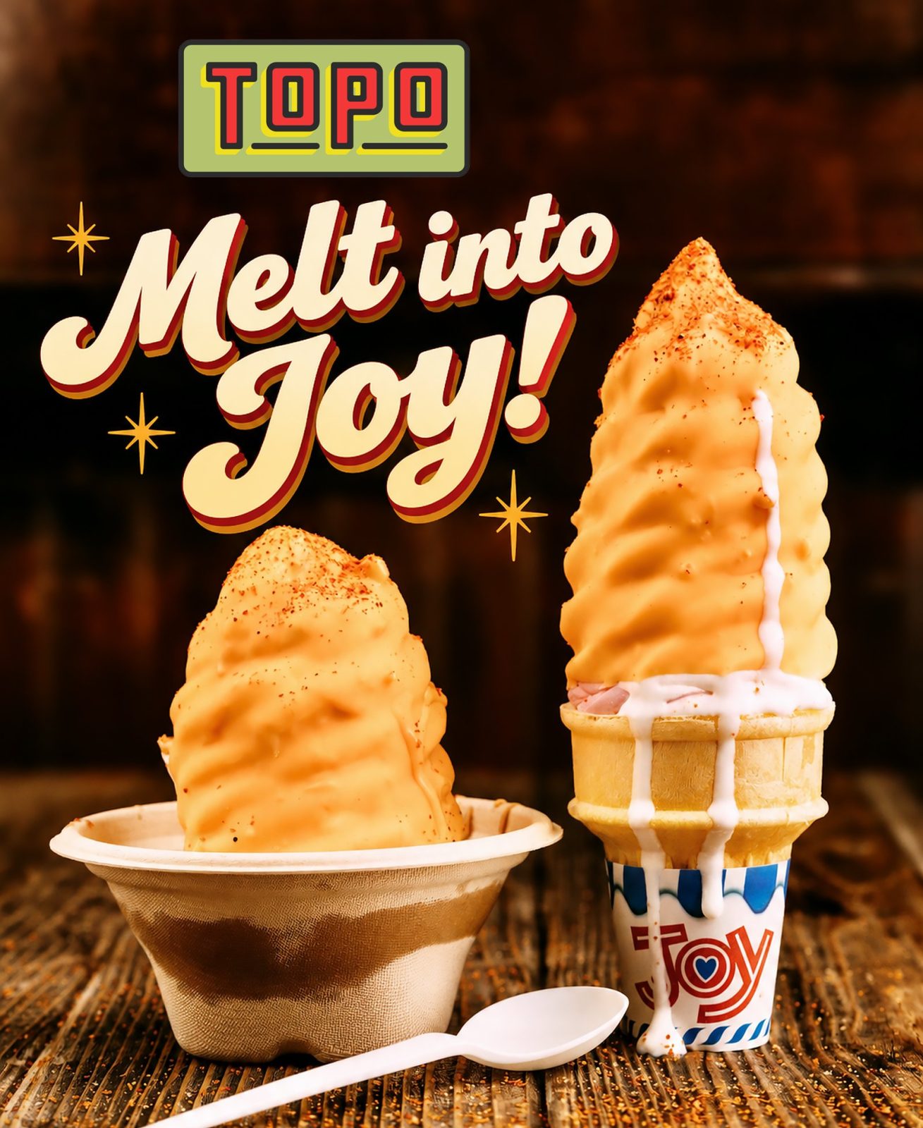 Two orange dipped soft serve cones from TOPO in Gilbert, one in a paper cup and one in a striped cone sleeve with white drizzle, under retro script lettering reading Melt into Joy