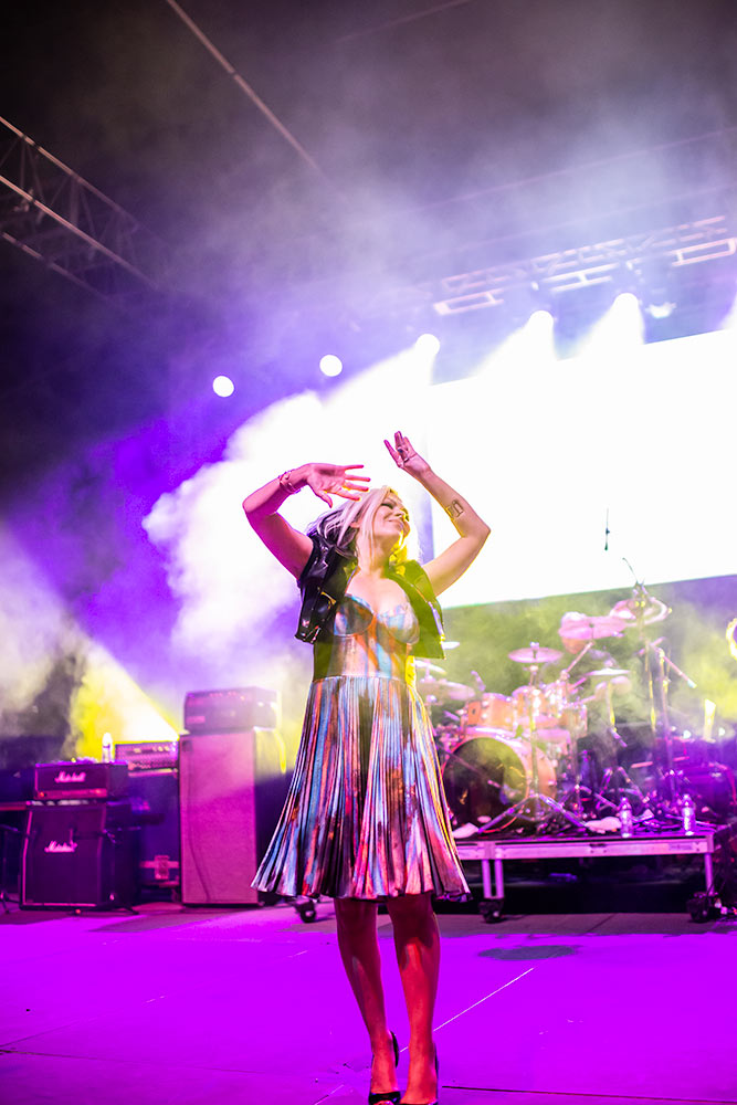 Terri Nunn of Berlin playfully dances during a set