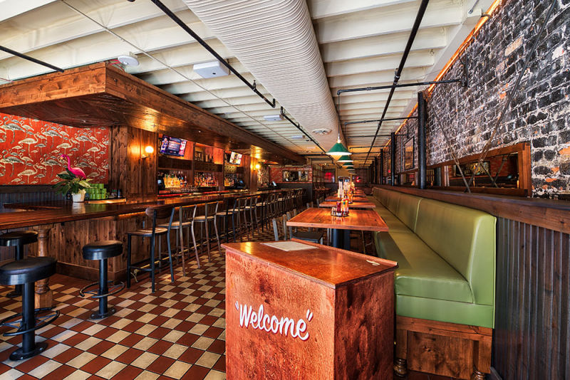 Interesting view of a bar and grill restaurant interior