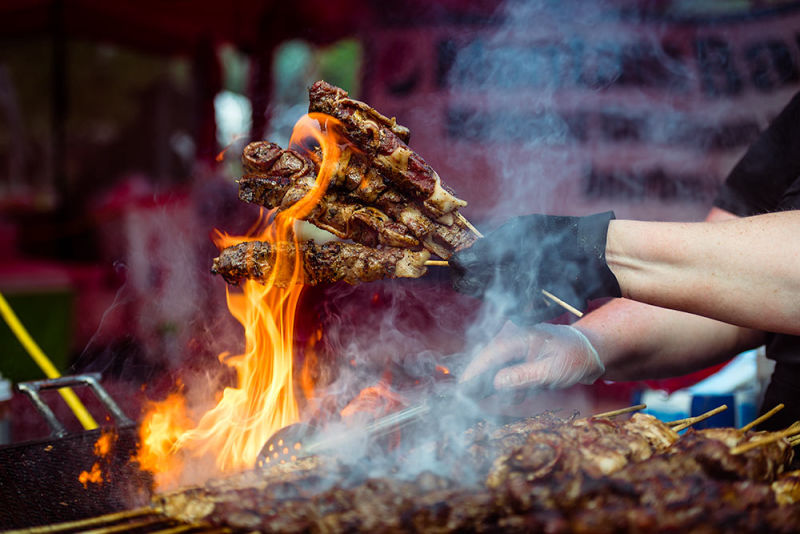 Greek BBQ shish kabob with flames shooting out