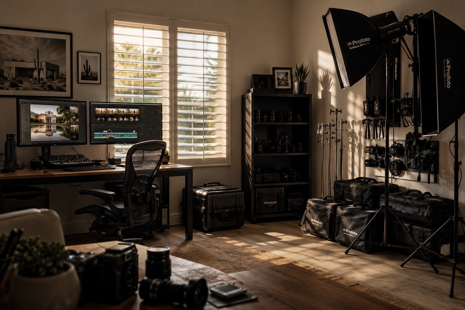 Timothy Fox Photography & Video studio — editing suite and lighting gear