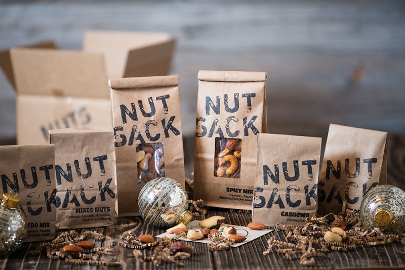 Nut Sack crunch almonds cashews pecans hazelnuts brazil nuts in a Christmas setting